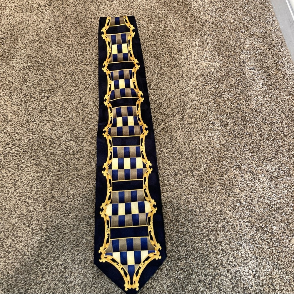 VTG  👔 Ottimo Uomo Mens Silk Tie Necktie Made in Korea Navy Blue & Gold 90s